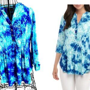 New Directions Tunic Top PM Petite Medium Blue Tie Dye Roll Tab Sleeves …